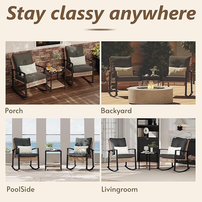 3 Piece Patio Rocking Chairs Set of 2, Outdoor Rocking Chair Bistro Set - Image 7