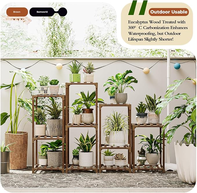 Bamworld Plant Stands Indoor 4 Sets Plant Shelves Outdoor Wooden Plant Holder - Image 4