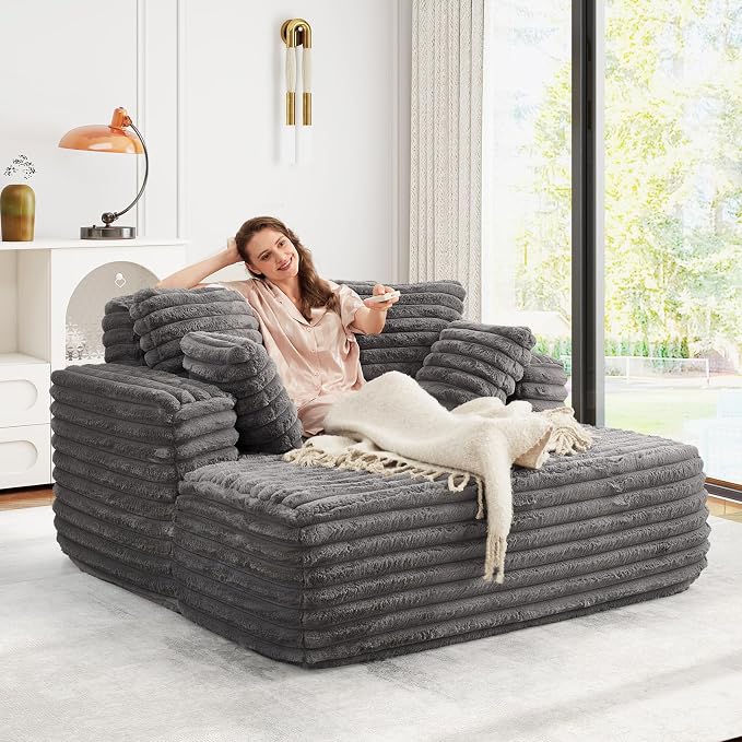 56" Oversized Chaise Lounge Chair Indoor, Plush Faux Fur Sleeper Sofa Couch Bed - Image 5