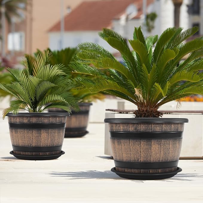 Quarut Large Plastic 4 Pack14 inch Plant Pots, Whiskey Barrel Planters - Image 6