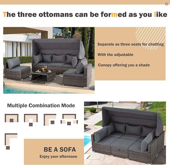 Vicluke 6 Pieces Patio Furniture Sets Outdoor Sectional Sofa Set Rattan Daybed - Image 7