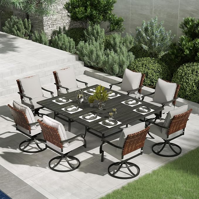 Grand patio 10-Piece Outdoor Dining Set, 8 Leather-Look Wicker Swivel Patio by GrandPatio