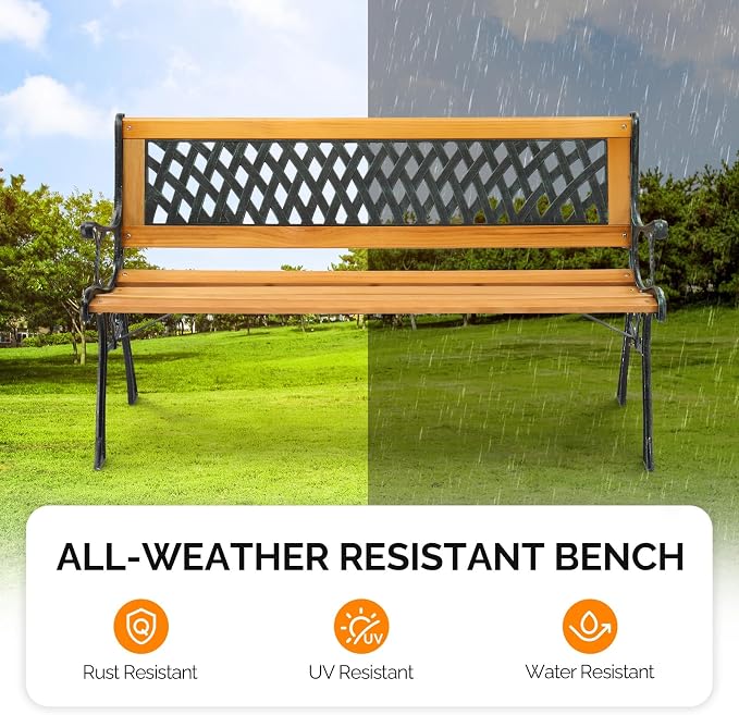 VINGLI Outdoor Bench Metal Garden Bench, Wood Patio Benches w/PVC Backrest Cast - Image 6