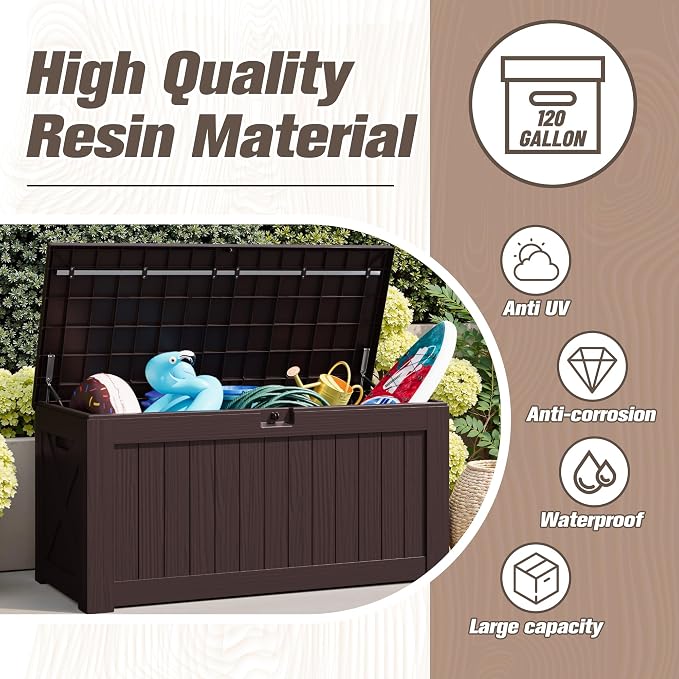 JUMMICO 120 Gallon Resin Deck Box, Large Outdoor Storage Box Waterproof & - Image 3