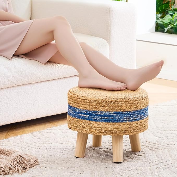 Handwoven Round Ottoman, Natural Water Hyacinth Outdoor Patio Pouf Seagrass Low - Image 4