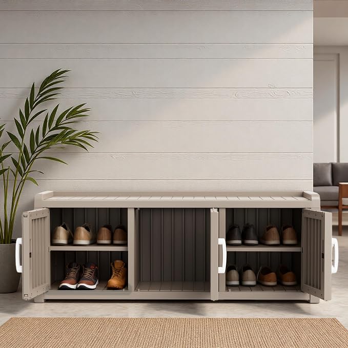 3 Doors Shoe Bench, Waterproof & UV-Resistant, Resin Shoe Cabinet Indoor & - Image 2
