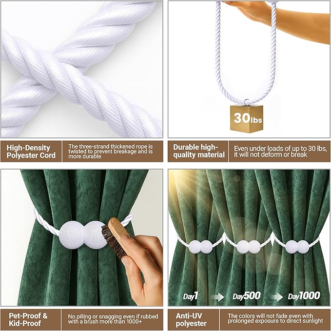 Hion Magnetic Curtain Tiebacks White 4 Pack, Curtain Tiebacks Buckles Holdbacks - Image 3