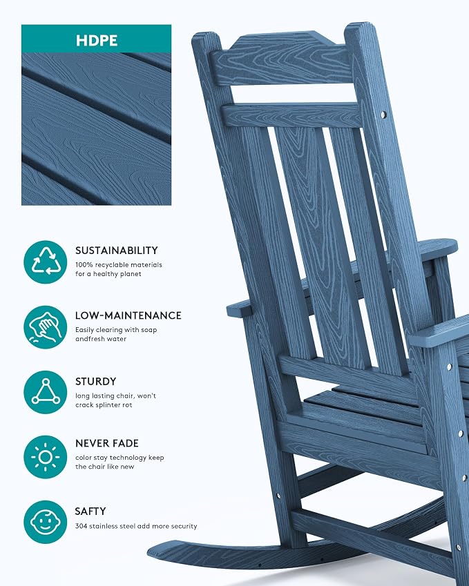 SERWALL Outdoor Rocking Chair Blue Set of 8, All Weather Patio Rocking Chair - Image 2
