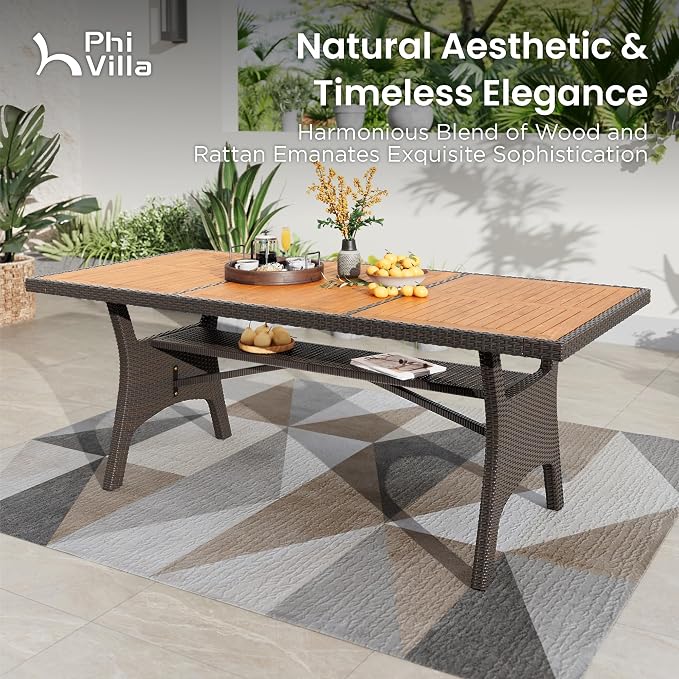 PHI VILLA Outdoor Dining Set for 6, Rectangular Rattan Table - Image 3