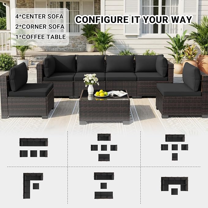 LEVELEVE 7 Pieces Outdoor Patio Furniture Sets, Rattan Conversation Sectional - Image 3