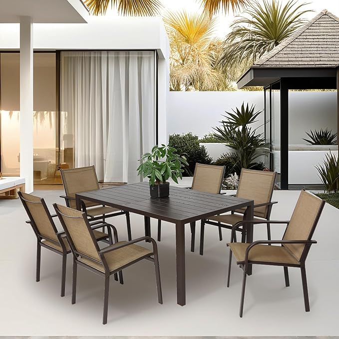 7 Piece Patio Dining Set for 6, 6 Stackable Textilene Chairs and 1 Dining Table by Villeston