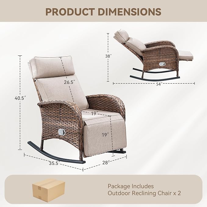 Zero Gravity Patio Rocking Wicker Recliner Chairs Set of 2- Wicker Outdoor - Image 2