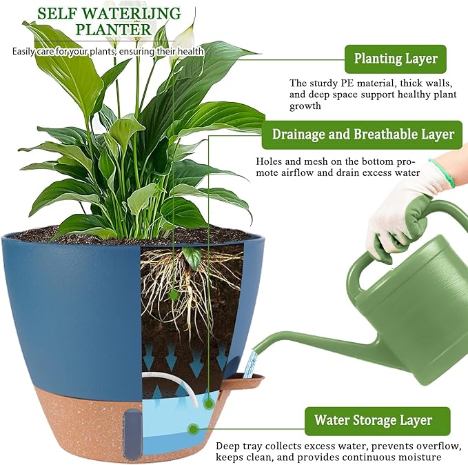 12/10/8 inch Plant Pots, Large Plastic Self Watering Planters - Image 4