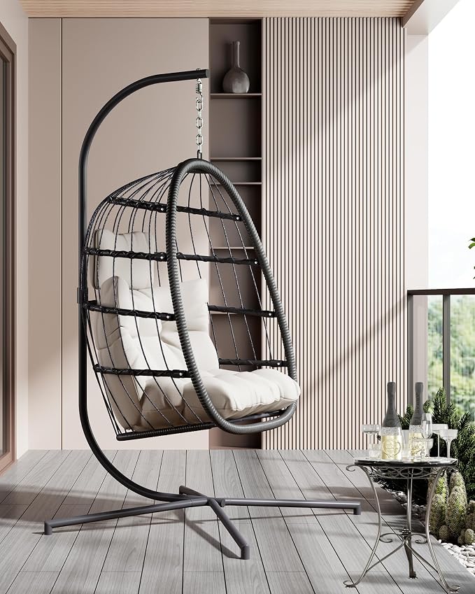 FREDEES Egg Swing Chair with Stand, Outdoor Hanging Egg Chair with Cushion - Image 4
