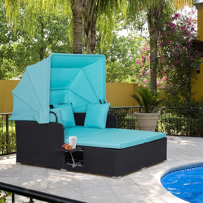 Moccha Outdoor Daybed with Retractable Canopy, Wicker Cabana with 2 Side Tables - Image 2