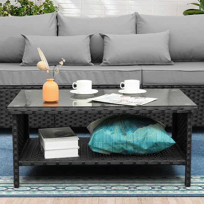Outdoor Wicker Coffee Table Patio Furniture Garden Rattan 2-Layer Glass Table - Image 2