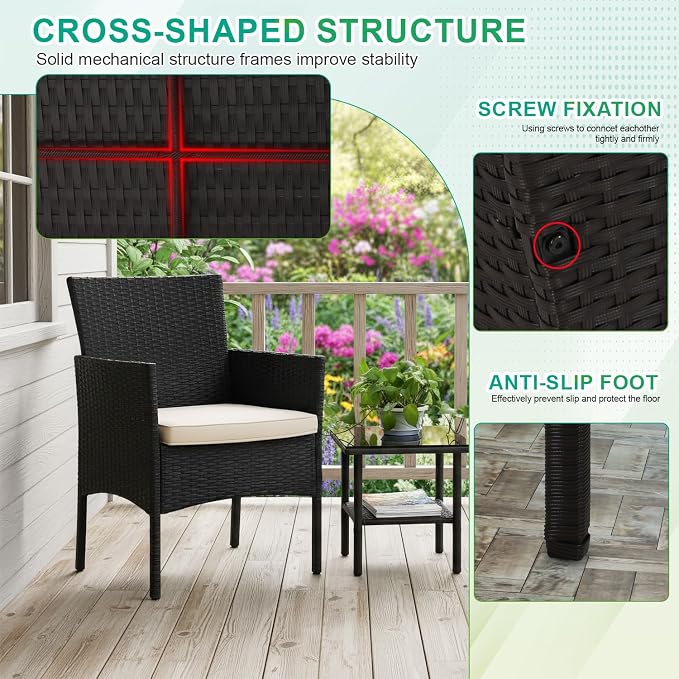 FDW 3 Pieces Patio Furniture Set Outdoor Wicker Bistro Sets Modern Rattan Chair - Image 3