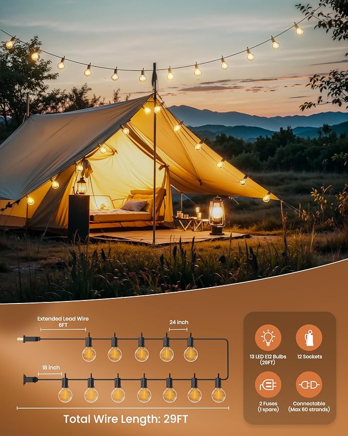 Brightown Outdoor String Lights 29 Feet G40 LED Patio Lights, 13 Plastic Edison - Image 8