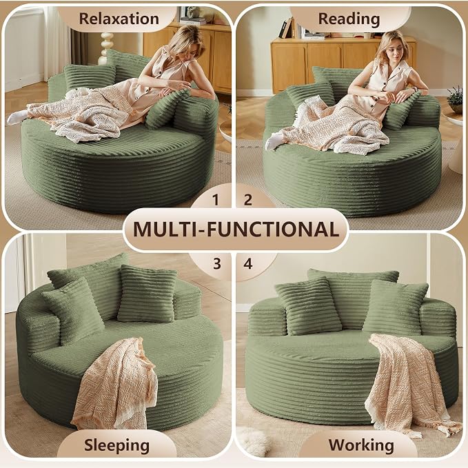 Oversized Round Chair Lounge Chaise Indoor, Upholstered Corduroy Deep Seat - Image 9