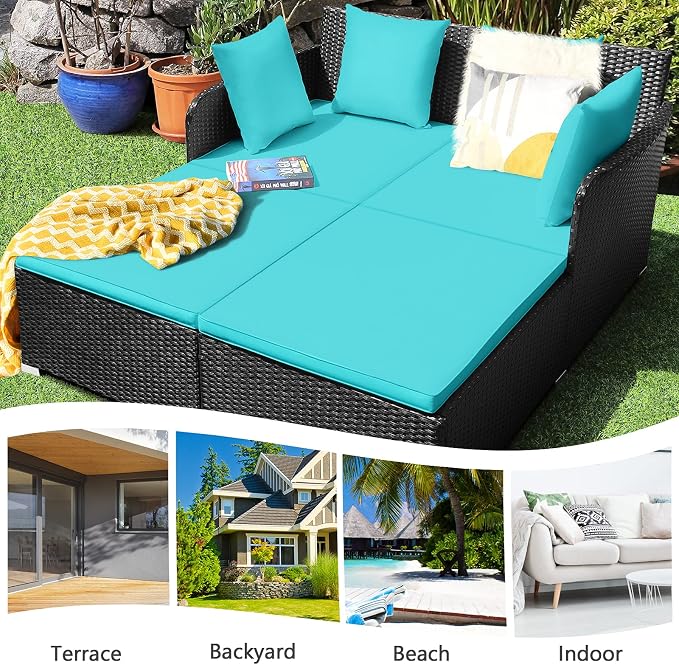 HAPPYGRILL Outdoor Rattan Daybed Patio Loveseat Sofa Set - Image 5