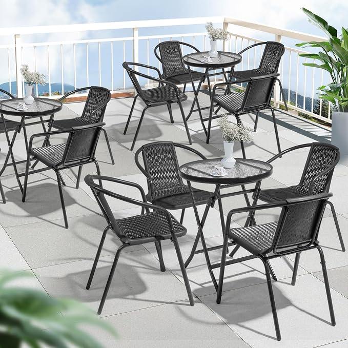 VINGLI PE Rattan Outdoor Dining Chairs Set of 4, Plastic Stackable Patio Chairs - Image 8