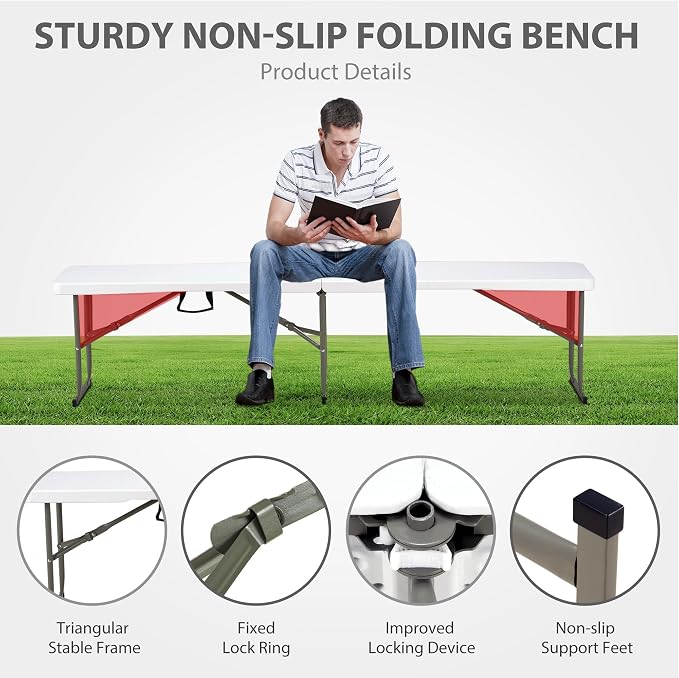 6ft Plastic Folding Bench with Carrying Handle & Lock, Portable Outdoor Bench - Image 5