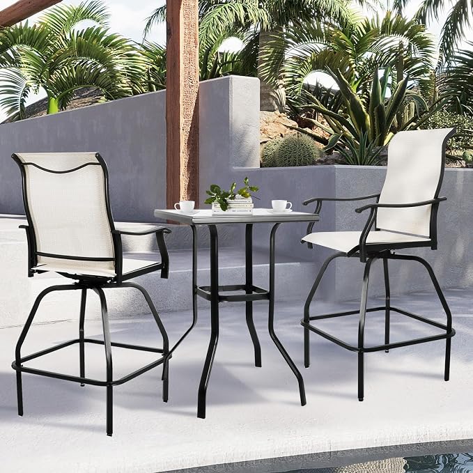 LEVELEVE Patio Bar Set 3pcs Swivel Bar Stools Outdoor Bistro Textilene - Image 7