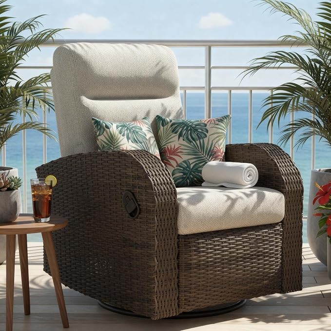 Outdoor Swivel Recliner Chair Set of 2, All-Weather Wicker Reclining Patio Chair by Vakollia