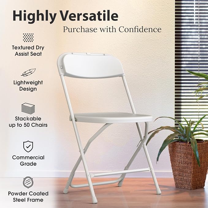 4 PACK White Foldable Plastic Chair | Folding & Stackable | 350 lbs Capacity - Image 3