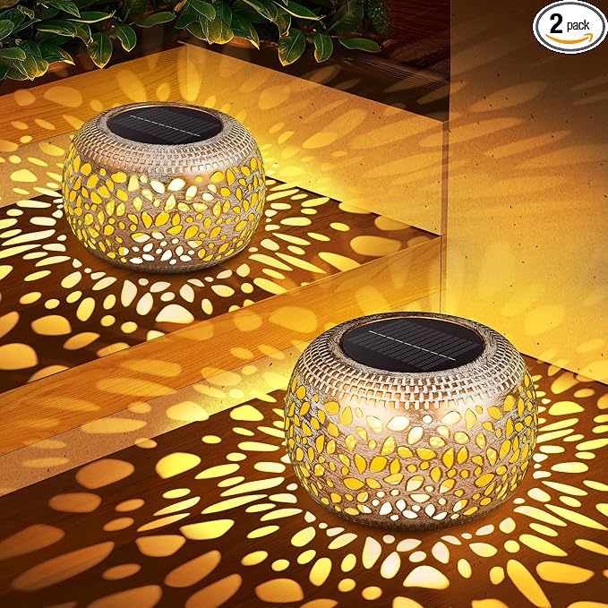 Solar Lanterns Outdoor Waterproof: 2 Pack White Gold Hollow Out Metal Solar by NFEVER