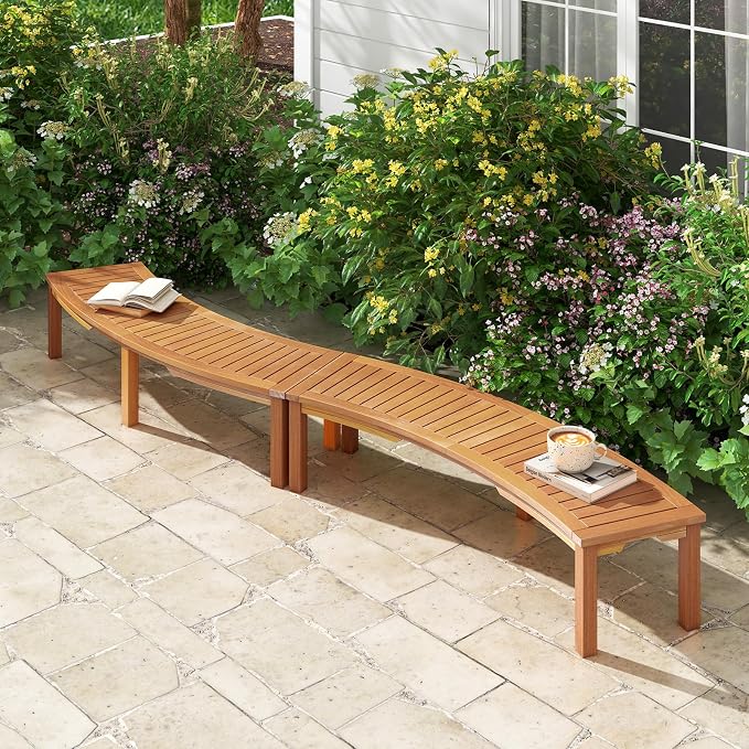 Tangkula Outdoor Curved Bench, Acacia Wood Fire Pit Bench w/Slatted Seat - Image 2