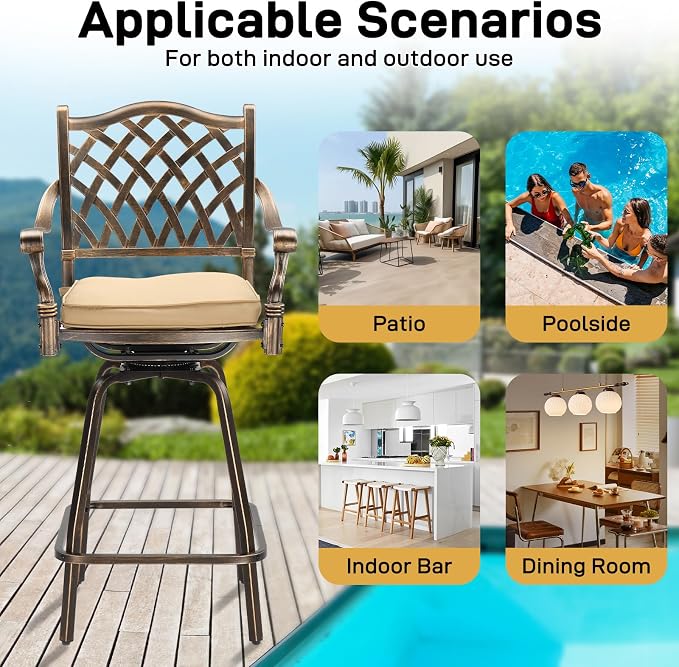 VINGLI Outdoor Swivel Bar Stools Set of 2, Cast Aluminum Patio Bar Height Chair - Image 8