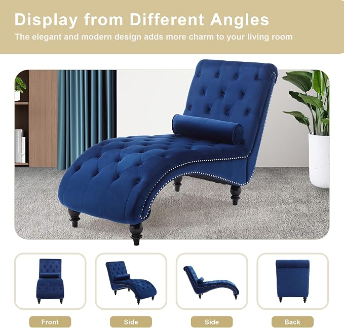 Chaise Lounge Indoor, Velvet Upholstered Lounge Chair Button-Tufted Armless - Image 6