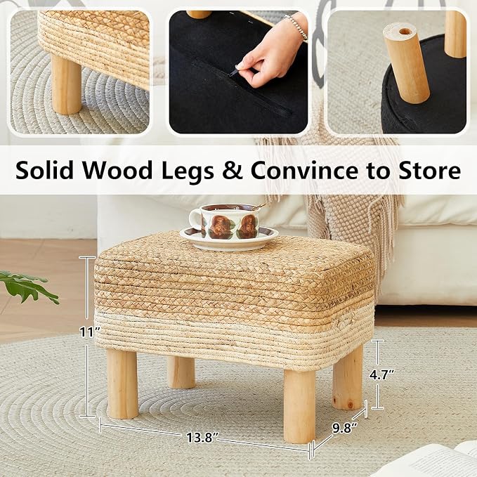Ottoman Foot Stool Rectangular Footrest Natural Seagrass Footstool - Image 3