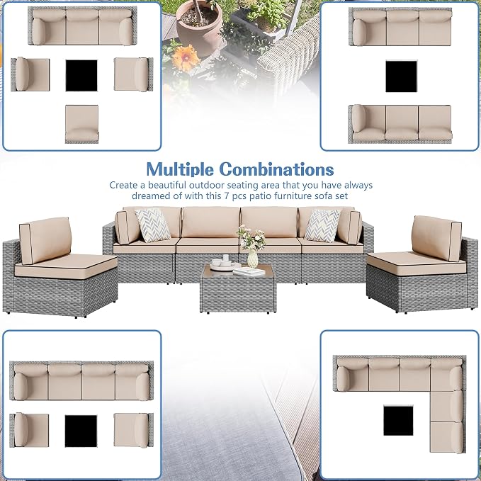 Shintenchi 7 Pieces Outdoor Patio Sectional Sofa Couch - Image 6