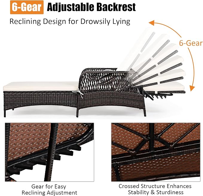 COSTWAY PE Rattan Chaise Lounge Chair, 6 Gear Adjustable Recliner - Image 7