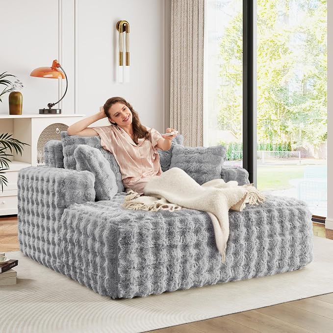 56"W Oversized Chaise Lounge Chair Indoor, Plush Faux Fur Sleeper Couch Sofa Bed - Image 5