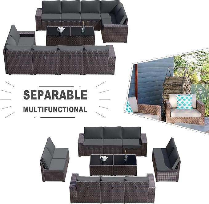 Kullavik Outdoor Patio Furniture Set, 12 Pieces Sectional Rattan Sofa Set Brown - Image 5