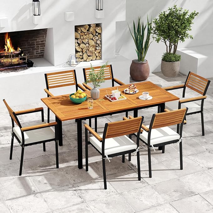 Tangkula 7 Piece Patio Dining Set, Outdoor Acacia Wood Cushioned Chairs and - Image 3