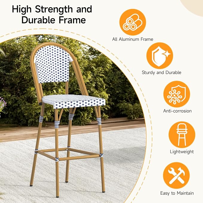 ONBRILL French Outdoor Bar Stool Set of 4, Patio Counter Height Chairs - Image 5