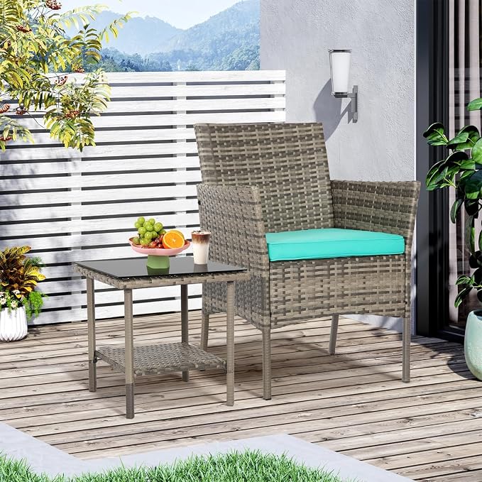 FDW 3 Piece Outdoor Furniture Set Patio Gray Wicker Chairs Furniture Bistro - Image 5