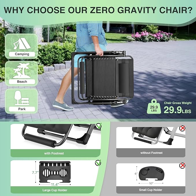 Suteck Oversized Zero Gravity Chair, 33In XXL Outdoor Recliner Chair - Image 5