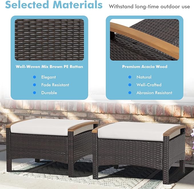 Tangkula 2 Piece Patio Rattan Ottomans, Outdoor Wicker Footstool w/Acacia Wood - Image 5