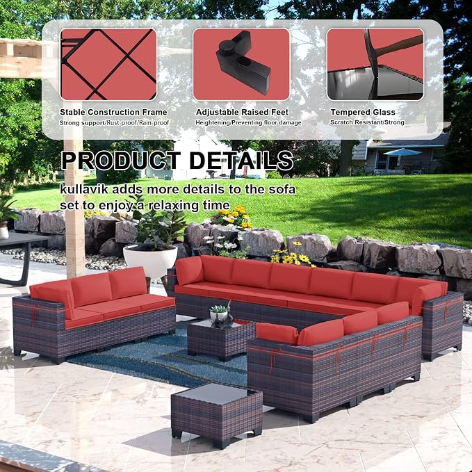 Kullavik 14 Pieces Outdoor Patio Furniture Set PE Wicker Rattan Sectional Sofa - Image 3