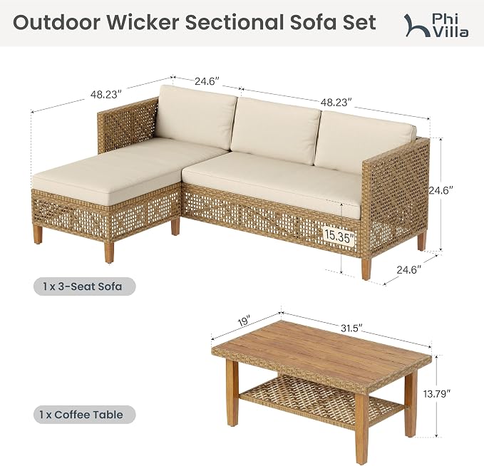 PHI VILLA Sectional Outdoor Couch, Small Patio Furniture Set - Image 2