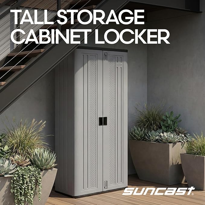 Suncast Tall Storage Cabinet, Platinum Resin Garage Storage Cabinet - Image 4