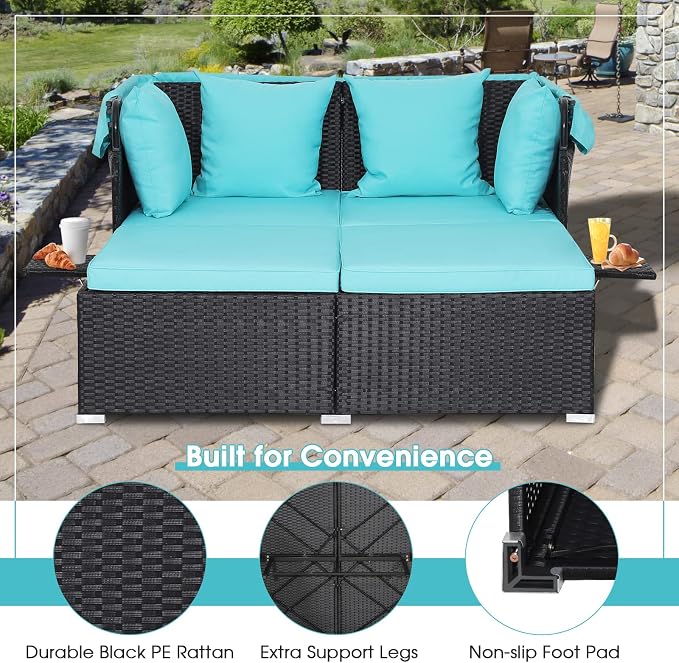 Moccha Outdoor Daybed with Retractable Canopy, Wicker Cabana with 2 Side Tables - Image 7