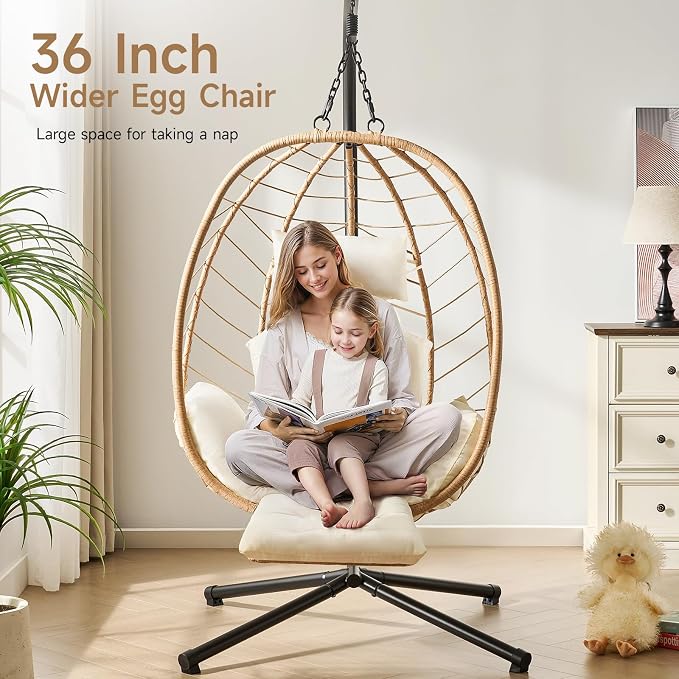 ONBRILL Hanging Egg Chair with Adjustable Footrest & Stand, Wicker Rattan Swing - Image 4