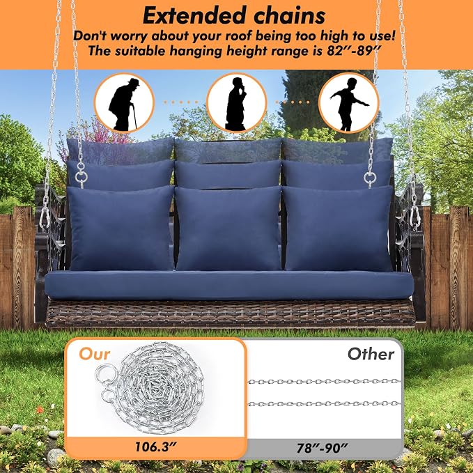 3-Person Wicker Porch Swing Chair Heavy Duty 900 LBS Outdoor Rattan Patio Swing - Image 5