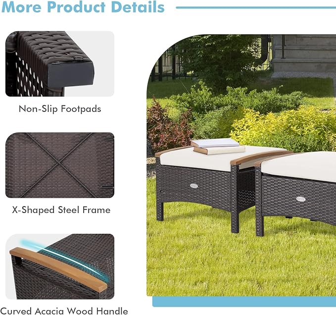 Tangkula 2 Piece Patio Rattan Ottomans, Outdoor Wicker Footstool w/Acacia Wood - Image 7